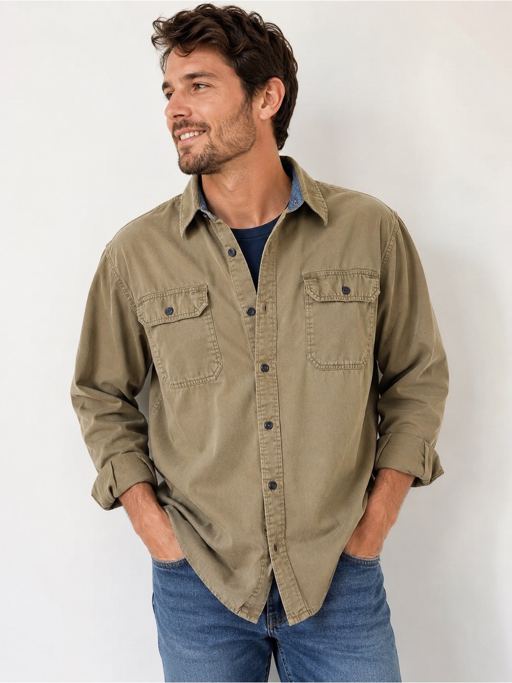 Wrangler Flex for Comfort Men’s Large Tan Button Front Long Sleeve Work Shirt